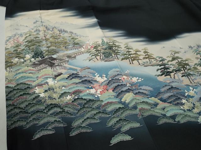 平和屋着物●十日町友禅作家 阿部佳雪 黒留袖 遠山樹林渡り橋風景文 暈し染め 正絹 逸品 CABB4733yc