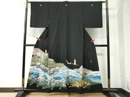 平和屋着物●本加賀友禅作家 稲手明仁 黒留袖 遠山飛鶴浜松風景文 正絹 逸品 CABB4739yc