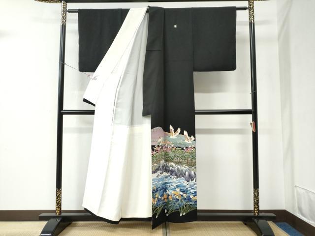 平和屋着物●本加賀友禅作家 稲手明仁 黒留袖 遠山飛鶴浜松風景文 正絹 逸品 CABB4739yc