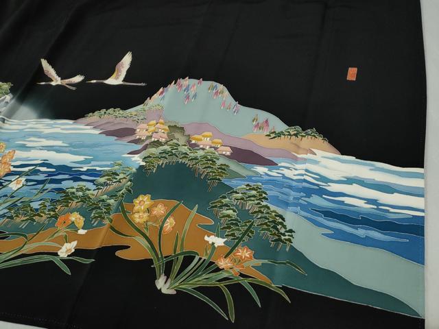 平和屋着物●本加賀友禅作家 稲手明仁 黒留袖 遠山飛鶴浜松風景文 正絹 逸品 CABB4739yc