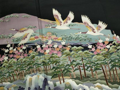 平和屋着物●本加賀友禅作家 稲手明仁 黒留袖 遠山飛鶴浜松風景文 正絹 逸品 CABB4739yc
