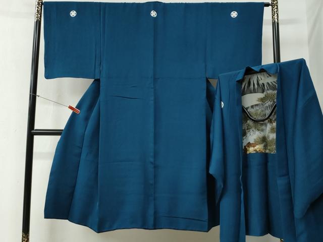 平和屋着物●男性 色紋付 羽織セット 藍色 羽裏：遠山枝松葉 正絹 逸品 CABB4741yc