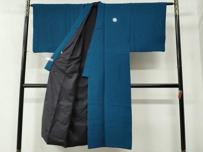 平和屋着物●男性 色紋付 羽織セット 藍色 羽裏：遠山枝松葉 正絹 逸品 CABB4741yc