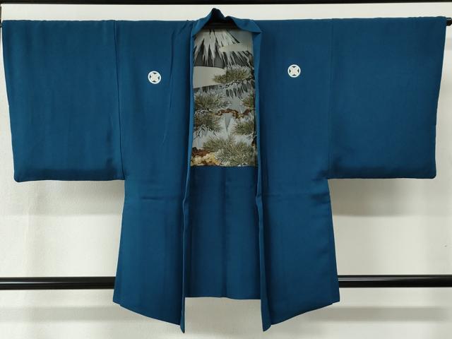 平和屋着物●男性 色紋付 羽織セット 藍色 羽裏：遠山枝松葉 正絹 逸品 CABB4741yc
