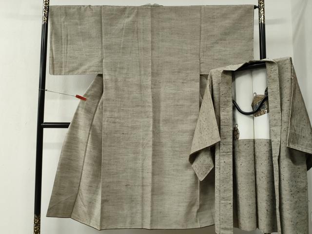 平和屋着物●男性 紬 髭紬羽織セット 色無地 白橡色 正絹 逸品 CABB4742yc