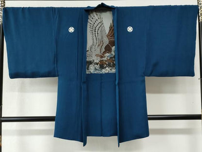 平和屋着物●男性 色紋付 羽織セット 藍色 羽裏：鷹 正絹 逸品 CABB4743yc