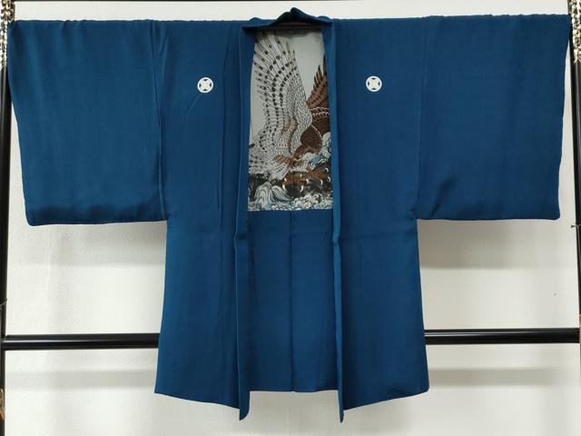 平和屋着物●男性 色紋付 羽織セット 藍色 羽裏：鷹 正絹 逸品 CABB4743yc