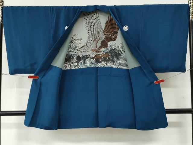 平和屋着物●男性 色紋付 羽織セット 藍色 羽裏：鷹 正絹 逸品 CABB4743yc