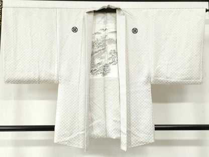 平和屋着物●男性 色紋付 羽織セット 菱吉祥文 羽裏：渡り橋風景文 正絹 逸品 未使用 CABB4744yc