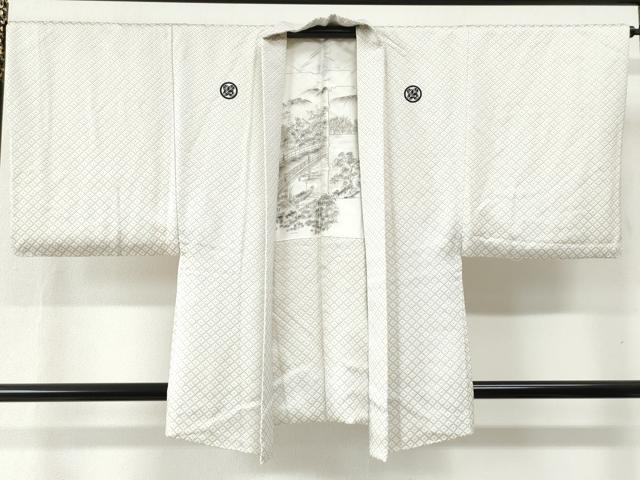 平和屋着物●男性 色紋付 羽織セット 菱吉祥文 羽裏：渡り橋風景文 正絹 逸品 未使用 CABB4744yc