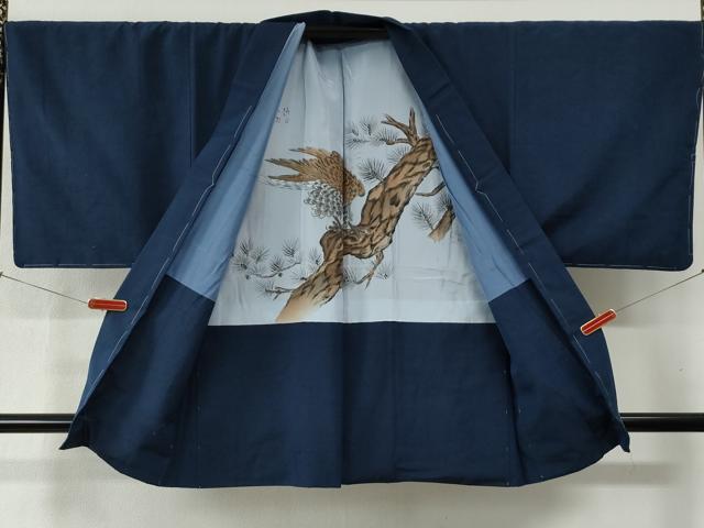 平和屋着物●男性 紬 アンサンブル 色無地 紺青色 正絹 逸品 未使用 CABB4752yc