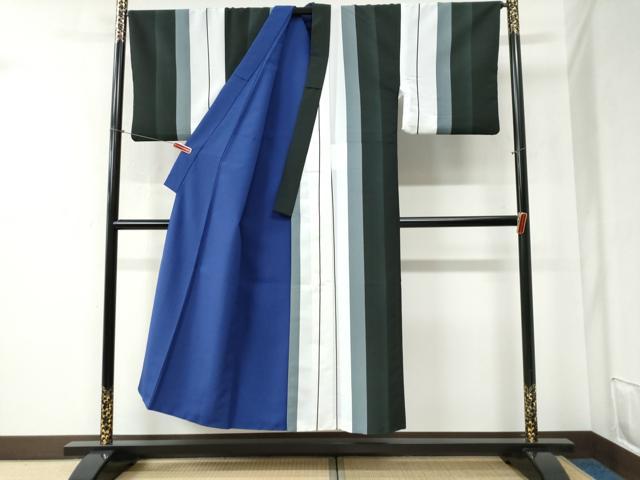 平和屋着物●男性 小紋 リバーシブル 縞 紺藍色 洗える着物 CABB4758yc