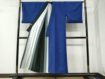 平和屋着物●男性 小紋 リバーシブル 縞 紺藍色 洗える着物 CABB4758yc