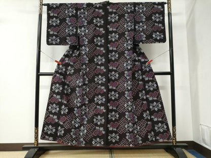 平和屋着物●久留米絣 吉祥牡丹花文 綿 逸品 未使用 CABB4762yc