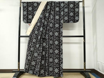 平和屋着物●久留米絣 単衣 松竹梅市松間道 綿 逸品 CABB4764yc