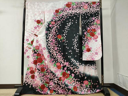 平和屋着物●H・L（アッシュエル） HENRI-LUC CHAPUIS 振袖 舞桜文 暈し染め 黒地 金彩 洗える着物 CABB4776yc