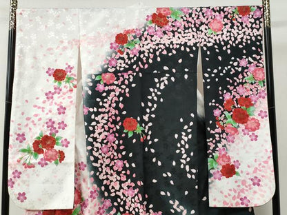 平和屋着物●H・L（アッシュエル） HENRI-LUC CHAPUIS 振袖 舞桜文 暈し染め 黒地 金彩 洗える着物 CABB4776yc