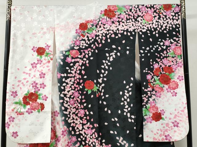 平和屋着物●H・L（アッシュエル） HENRI-LUC CHAPUIS 振袖 舞桜文 暈し染め 黒地 金彩 洗える着物 CABB4776yc