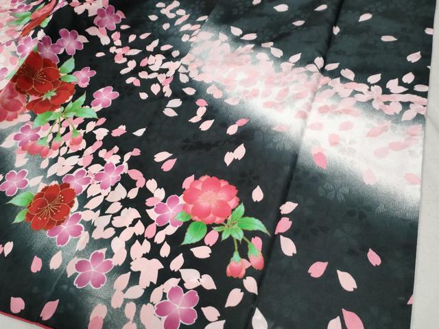 平和屋着物●H・L（アッシュエル） HENRI-LUC CHAPUIS 振袖 舞桜文 暈し染め 黒地 金彩 洗える着物 CABB4776yc