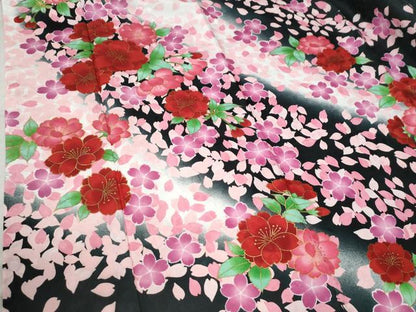 平和屋着物●H・L（アッシュエル） HENRI-LUC CHAPUIS 振袖 舞桜文 暈し染め 黒地 金彩 洗える着物 CABB4776yc