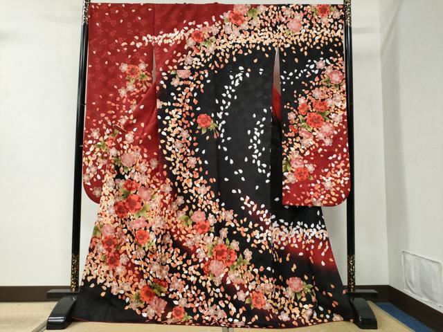 平和屋着物●H・L（アッシュエル） HENRI-LUC CHAPUIS 振袖 舞桜文 暈し染め 黒地 金彩 洗える着物 CABB4782yc