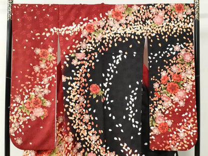 平和屋着物●H・L（アッシュエル） HENRI-LUC CHAPUIS 振袖 舞桜文 暈し染め 黒地 金彩 洗える着物 CABB4782yc