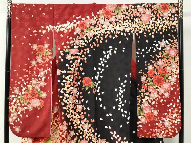 平和屋着物●H・L（アッシュエル） HENRI-LUC CHAPUIS 振袖 舞桜文 暈し染め 黒地 金彩 洗える着物 CABB4782yc