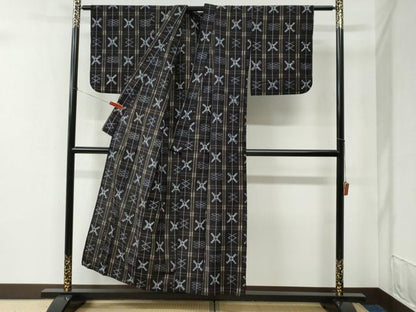 平和屋着物▽本場琉球絣 綿琉球 単衣 格子吉祥文 綿 逸品 CABB4786yc