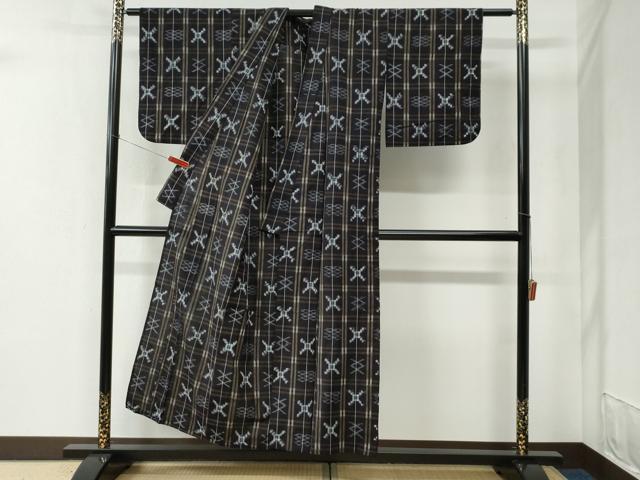 平和屋着物▽本場琉球絣 綿琉球 単衣 格子吉祥文 綿 逸品 CABB4786yc