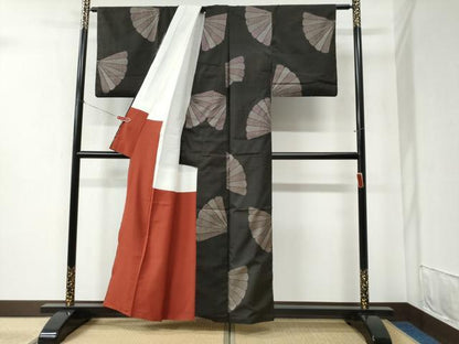 平和屋着物●本場大島紬 7マルキ 地空き 檜扇 正絹 逸品 CABB4791yc