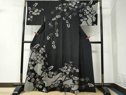 平和屋着物●訪問着 絞り 枝花文 黒地 正絹 逸品 CABB4793yc
