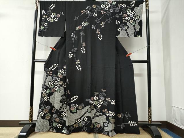 平和屋着物●訪問着 絞り 枝花文 黒地 正絹 逸品 CABB4793yc