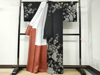 平和屋着物●訪問着 絞り 枝花文 黒地 正絹 逸品 CABB4793yc