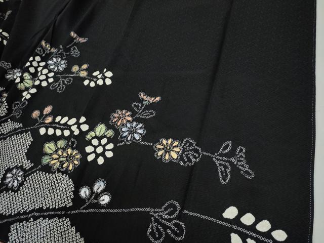平和屋着物●訪問着 絞り 枝花文 黒地 正絹 逸品 CABB4793yc