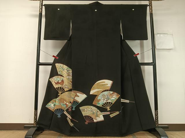 平和屋着物●染刺工芸　大羊居　東京友禅　黒留袖　刺繍　手描き　扇面平安人物風景文　金彩　松坂屋扱い　正絹　逸品　CABB4806vp 平和屋着物○染刺工芸 大羊居 東京友禅 黒留袖 刺繍 手描き