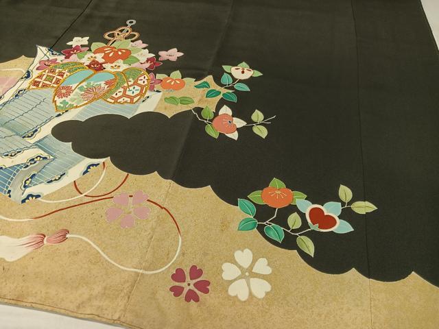 平和屋着物●染刺工芸　大羊居　東京友禅　黒留袖　駒刺繍　雲取り吉祥花文　金彩　正絹　逸品　CABB4807vp 平和屋着物○染刺工芸 大羊居 東京友禅 黒留袖 駒刺繍