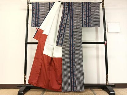平和屋着物●上質な小紋 紬地 幾何学間道 正絹 逸品 CABB4942vp
