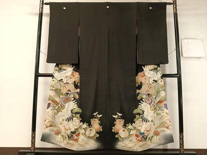 平和屋着物●アンティーク　大正ロマン　黒留袖　駒刺繍　飛鶴吉祥花文　暈し染め　正絹　逸品　CABB4962vp