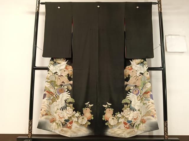 平和屋着物●アンティーク　大正ロマン　黒留袖　駒刺繍　飛鶴吉祥花文　暈し染め　正絹　逸品　CABB4962vp