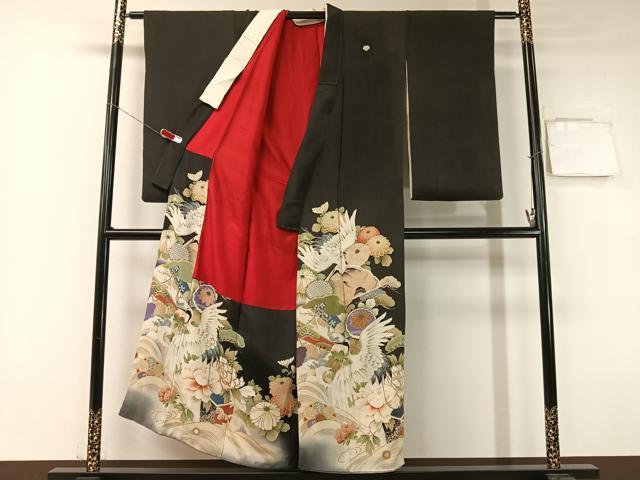 平和屋着物●アンティーク　大正ロマン　黒留袖　駒刺繍　飛鶴吉祥花文　暈し染め　正絹　逸品　CABB4962vp