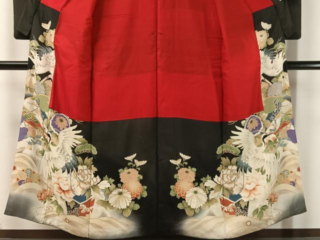 平和屋着物●アンティーク　大正ロマン　黒留袖　駒刺繍　飛鶴吉祥花文　暈し染め　正絹　逸品　CABB4962vp