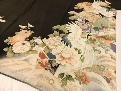 平和屋着物●アンティーク　大正ロマン　黒留袖　駒刺繍　飛鶴吉祥花文　暈し染め　正絹　逸品　CABB4962vp