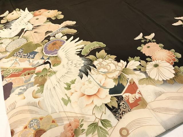 平和屋着物●アンティーク　大正ロマン　黒留袖　駒刺繍　飛鶴吉祥花文　暈し染め　正絹　逸品　CABB4962vp
