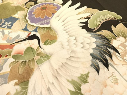 平和屋着物●アンティーク　大正ロマン　黒留袖　駒刺繍　飛鶴吉祥花文　暈し染め　正絹　逸品　CABB4962vp