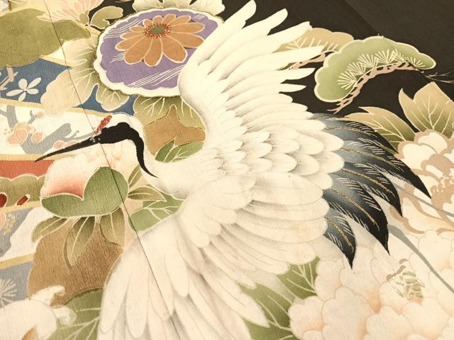 平和屋着物●アンティーク　大正ロマン　黒留袖　駒刺繍　飛鶴吉祥花文　暈し染め　正絹　逸品　CABB4962vp