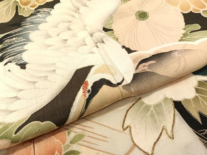 平和屋着物●アンティーク　大正ロマン　黒留袖　駒刺繍　飛鶴吉祥花文　暈し染め　正絹　逸品　CABB4962vp