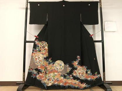 平和屋着物●本加賀友禅作家　稲荷茂雄　黒留袖　手描き　唐子遊び　金彩　正絹　逸品　未使用　CABB4971vp