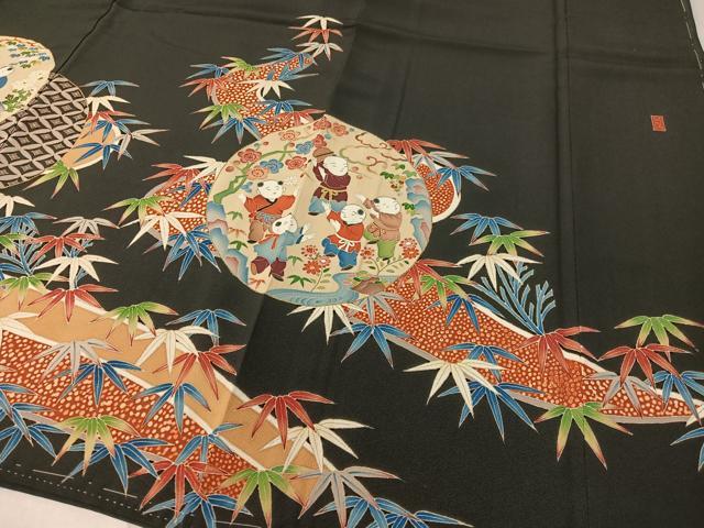 平和屋着物●本加賀友禅作家　稲荷茂雄　黒留袖　手描き　唐子遊び　金彩　正絹　逸品　未使用　CABB4971vp