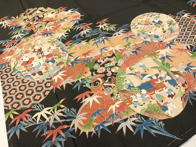 平和屋着物●本加賀友禅作家　稲荷茂雄　黒留袖　手描き　唐子遊び　金彩　正絹　逸品　未使用　CABB4971vp