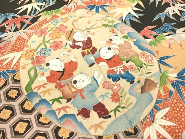 平和屋着物●本加賀友禅作家　稲荷茂雄　黒留袖　手描き　唐子遊び　金彩　正絹　逸品　未使用　CABB4971vp